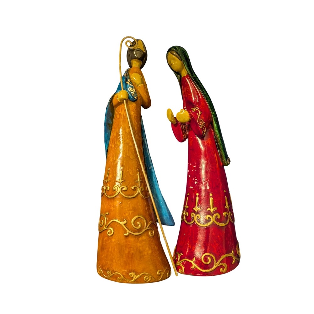 Mary and Joseph Nativity Figurines Set Red Blue Amber Gold Filigree Christmas